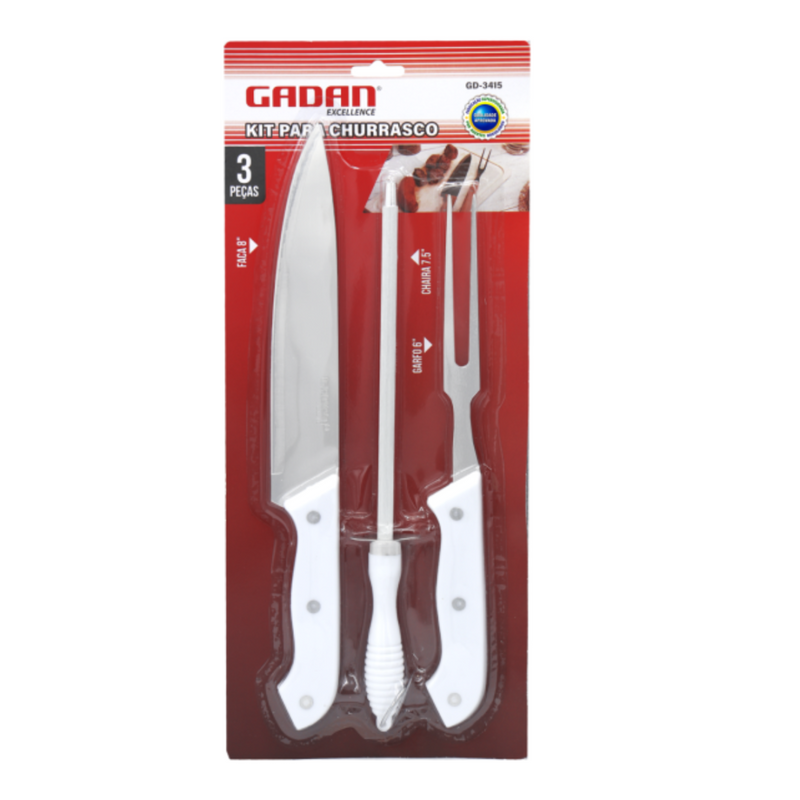 Kit Churrasco Aço Inox Faca , Garfo 3 Peças