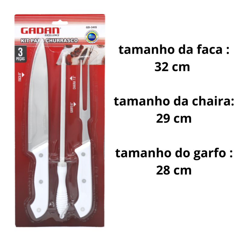 Kit Churrasco Aço Inox Faca , Garfo 3 Peças